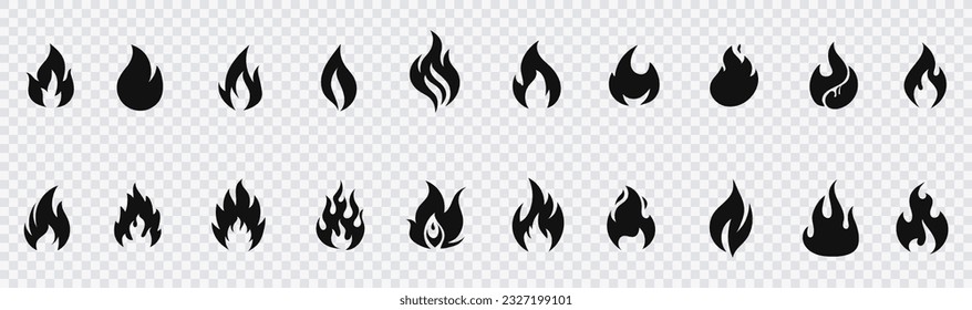 Simple flaming elements, bonfire icons. Collection of fire and flame icons. Big set of fire flame vector icons.