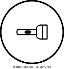 Simple Flashlight Icon in Black and White, Encapsulated in a Circular Frame Graphic