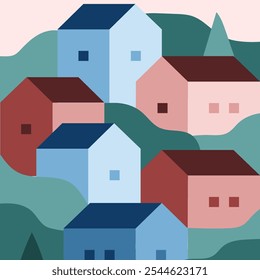 A simple flat 2D geometric minimalist illustration of a village and the garden under a pink sky, featuring blue and pink colors