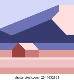 A simple flat 2D geometric minimalist wildlife illustration of a house near the mountains under a blue sky, featuring violet and pink colors.