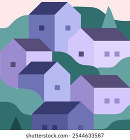 A simple flat 2D geometric minimalist illustration of a village and the garden under a pink sky, featuring violet and lavender colors