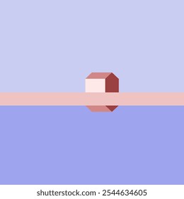 Uma ilustração simples plana 2D geométrica minimalista da vida selvagem de uma casa perto da beira-mar sob um céu ao nascer do sol, com cores violeta e rosa.