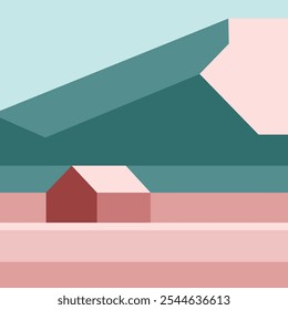 A simple flat 2D geometric minimalist wildlife illustration of a house near the mountains under a blue sky, featuring green and pink colors.