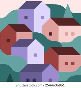 A simple flat 2D geometric minimalist illustration of a village and the garden under a pink sky, featuring lavender and pink colors