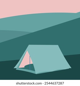 A simple flat 2D geometric minimalist wildlife illustration of a tent near the mountains under a sunrise sky, featuring green and pink colors.