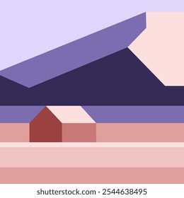 A simple flat 2D geometric minimalist wildlife illustration of a house near the mountains under a blue sky, featuring lavender and pink colors.