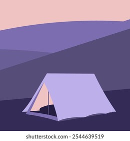 Eine einfache, flache, geometrisch minimalistische 2D-Illustration eines Zeltes in der Nähe der Berge unter einem Sonnenaufgangshimmel mit Lavendel und rosafarbenen Farben.