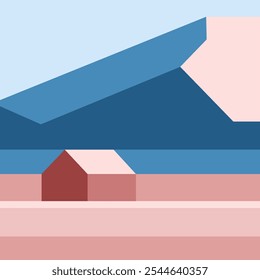 A simple flat 2D geometric minimalist wildlife illustration of a house near the mountains under a blue sky, featuring blue and pink colors.