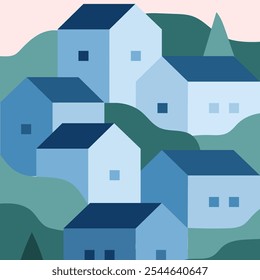 A simple flat 2D geometric minimalist illustration of a village and the garden under a pink sky, featuring blue and green colors
