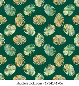 Simple flat Abstract seamless vector pattern with Easter Eggs decorated with green, orange and yellow geometric grass. Suitable for backgrounds, wrapping paper and post cards. 