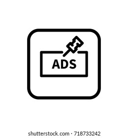 Simple flat advertising banner with pin linear pictogram. Advertisement outline vector icon.