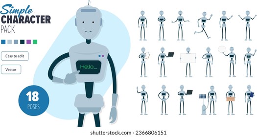 Simple flat AI artificial intelligence robot vector character in a set of multiple poses. Easy to edit and isolated on a white background. Modern trendy style character mega pack with lots of poses. 