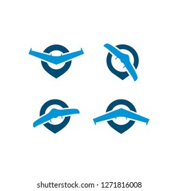 simple flat airplane drone and pin spot location mapping logo icon vector template pack set bundle collection