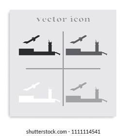 Simple flat airport with plane black and white vector icon.