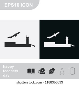 Simple flat airport with plane black and white vector icon.