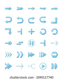 Simple flat arrow icon set, button and symbol blue color, 64x64 pixel perfect, highlight and small shadow white background
