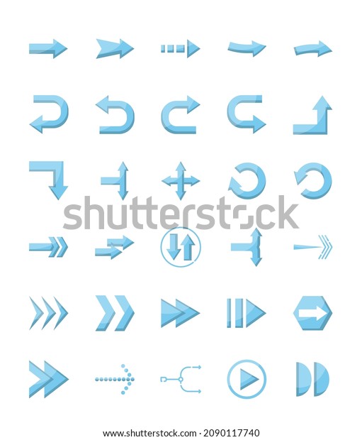 Simple flat arrow icon set, button and symbol\
blue color, 64x64 pixel perfect, highlight and small shadow white\
background