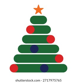 A simple flat art icon of a Christmas tree with ornaments.
