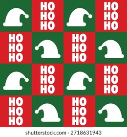 Ein einfaches, flaches Kunstwerk, das ein nahtloses Weihnachtsmuster mit Weihnachtsmützen und 'HO HO HO' Text in festlichem Design zeigt.
