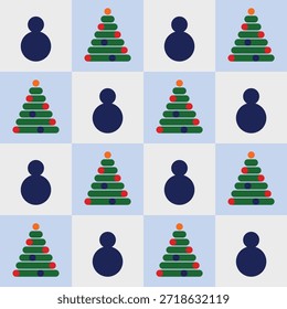 A simple flat art piece showing a seamless Christmas pattern with trees and people in a natal setting.
