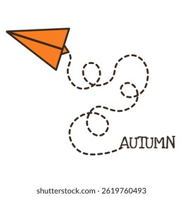 Simple flat Autumn art. Paper Plane with dotted line vector illustration. Autumn coming theme. Doodle fall art isolated transparent background. EPS 10