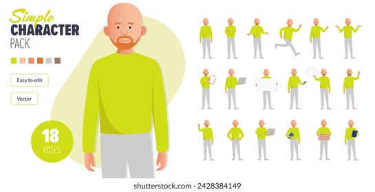 Simple flat bald ginger bearded male vector character in a set of multiple poses. Easy to edit and isolated on a white background. Modern trendy style character mega pack with lots of poses.