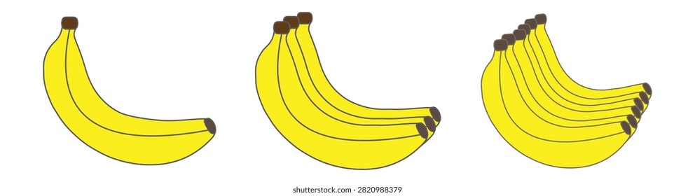 A simple flat banana icon set featuring a single banana, a bunch of three bananas, and a bunch of six bananas. Bright yellow fruit illustrations isolated on a white background, ideal for grocery, supermarket, healthy eating, nutrition, food packaging, agriculture, menus, educational materials, mobile apps, and vector design projects.