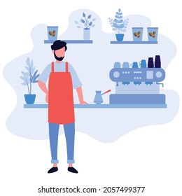 Simple flat barista meet guests in coffee bar design illustration