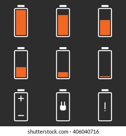 Simple flat battery level and state icons on dark background vector illustration.