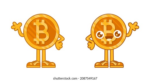 Simple Flat Bitcoin Cartoon Mascot Characters Vector Illustration