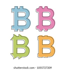 Simple, flat bitcoin icon - logo. Four variations - different colors and forms. Isolated on white - Flat style vector illustration