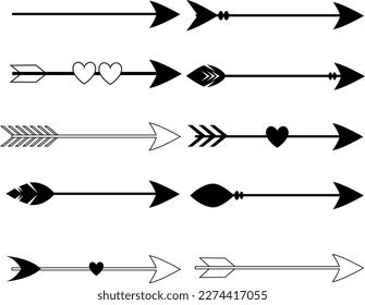 Simple, flat black arrow silhouette icon. Ten variations. 