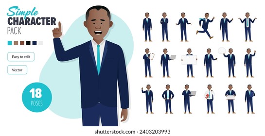 Simple flat black businessman vector character, wearing a suit in a set of multiple poses. Easy to edit and isolated on a white background. Modern trendy style character mega pack with lots of poses.
