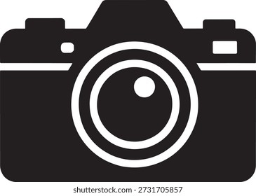 Simple flat black camera icon is displayed on a white background symbolizing photography and digital media perfectly, representing a camera and photography concept.
