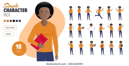 Sencillo personaje vectorial femenino negro plano en un conjunto de múltiples poses. Fácil de editar y aislado en un fondo blanco. Mega pack de personajes de estilo moderno y moderno con muchas poses. 