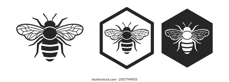 A simple flat black honey bee silhouette is isolated on a transparent background. Insect icon for the logo, product, package, label, invitation, or card design. Vector illustration