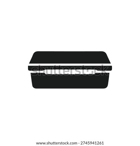 A simple, flat black icon of a closed takeout food container. This vector graphic represents food delivery, takeaway, lunch boxes, and food storage.