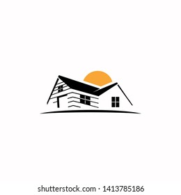 simple flat black illustration of yellow sunset house vector logo graphic design template idea