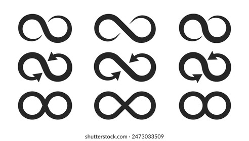 Simple flat black infinity symbols. Design elements for unlimited infinity, endless, eternity, loop, discontinuation, and repetition concepts. Vector illustration