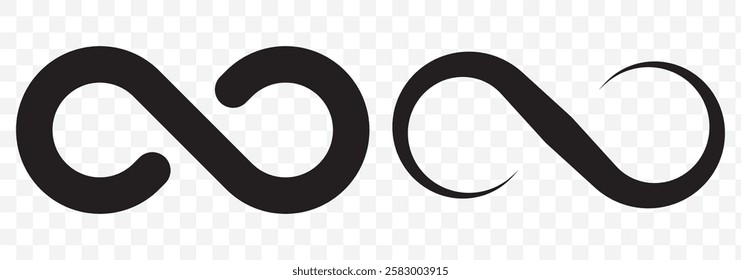 Simple flat black infinity symbols. Design elements for unlimited infinity, endless, eternity, loop, discontinuation, and repetition concepts. Vector illustration. Eps 10.