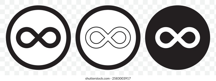 Simple flat black infinity symbols. Design elements for unlimited infinity, endless, eternity, loop, discontinuation, and repetition concepts. Vector illustration. Eps 10.