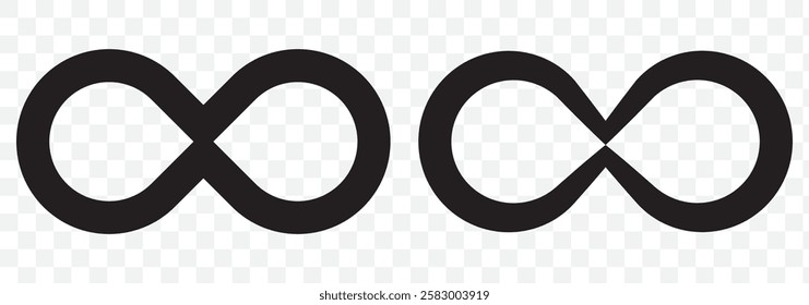 Simple flat black infinity symbols. Design elements for unlimited infinity, endless, eternity, loop, discontinuation, and repetition concepts. Vector illustration. Eps 10.