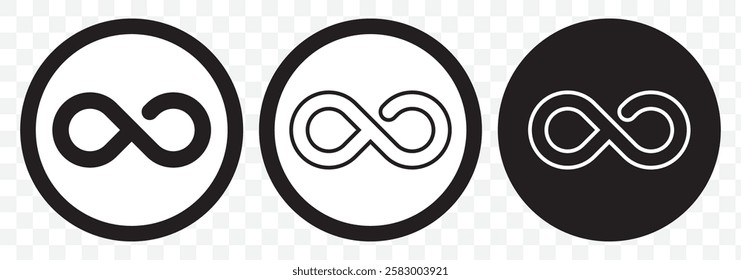 Simple flat black infinity symbols. Design elements for unlimited infinity, endless, eternity, loop, discontinuation, and repetition concepts. Vector illustration. Eps 10.