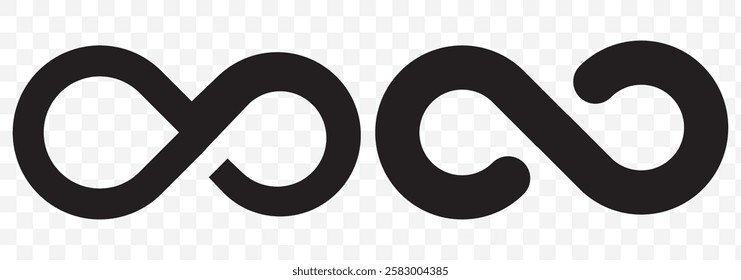 Simple flat black infinity symbols. Design elements for unlimited infinity, endless, eternity, loop, discontinuation, and repetition concepts. Vector illustration. Eps 10.