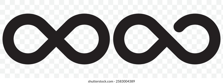 Simple flat black infinity symbols. Design elements for unlimited infinity, endless, eternity, loop, discontinuation, and repetition concepts. Vector illustration. Eps 10.