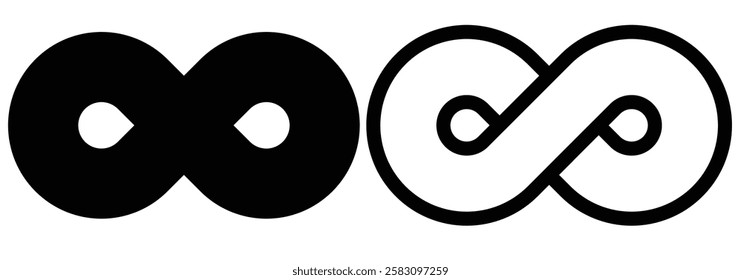 
Simple flat black infinity symbols. Symbols of endless, unlimited infinity, eternity, loop, discontinuation, and repetition concepts. Infinity, eternity, infinite Vector illustration
