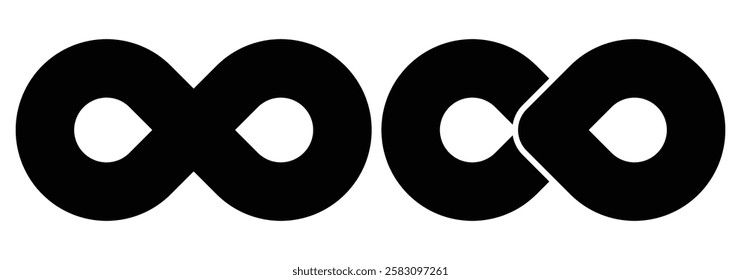 
Simple flat black infinity symbols. Symbols of endless, unlimited infinity, eternity, loop, discontinuation, and repetition concepts. Infinity, eternity, infinite Vector illustration
