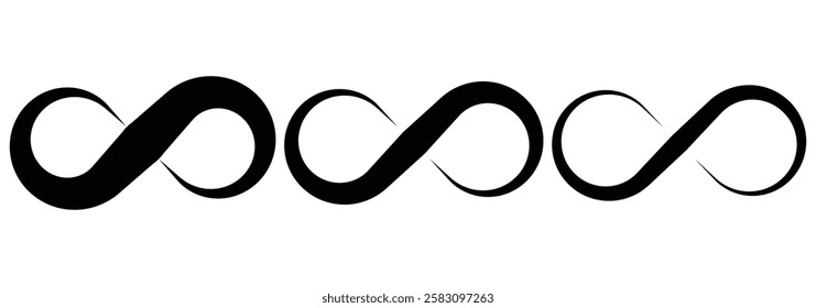 
Simple flat black infinity symbols. Symbols of endless, unlimited infinity, eternity, loop, discontinuation, and repetition concepts. Infinity, eternity, infinite Vector illustration
