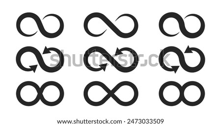 Simple flat black infinity symbols. Design elements for unlimited infinity, endless, eternity, loop, discontinuation, and repetition concepts. Vector illustration