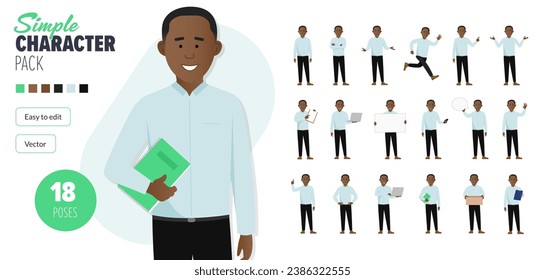 Sencillo personaje de vector de hombre de negocios negro y plano en un conjunto de poses múltiples. Fácil de editar y aislado en un fondo blanco. Mega pack de personajes de estilo moderno y moderno con muchas poses.